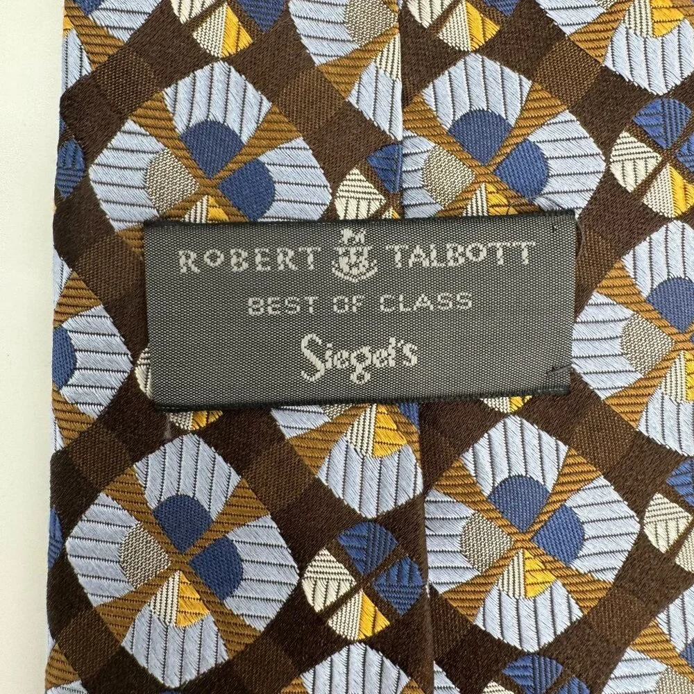 Robert Talbott Best Of Class Handsewn Silk Tie Brown Blue Geometric Pattern‎ USA